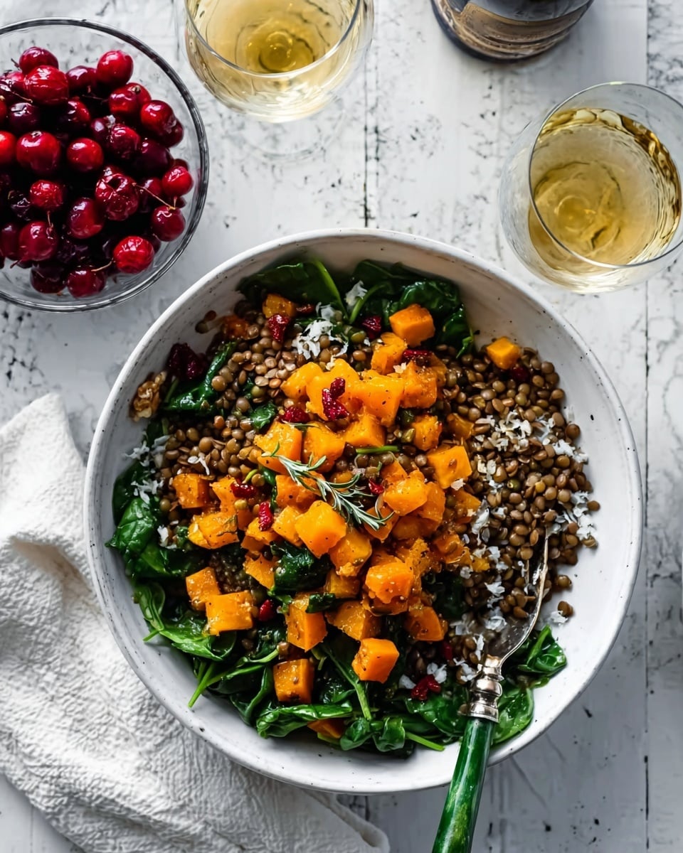 A white bowl filled with a colorful salad sits on a white marbled surface. The salad has several layers: the bottom layer is dark green leafy spinach, followed by diced bright orange pumpkin pieces scattered on top. Mixed among the pumpkin chunks are small brown lentils providing texture. To the left in the image, there is a glass bowl containing shiny red cherries, and above the salad bowl are two clear glasses, one filled with a pale yellow drink and the other partially visible with a dark liquid. A spoon with a green handle rests inside the salad bowl, and a white cloth tile lies nearby. Photo taken with an iphone --ar 4:5 --v 7