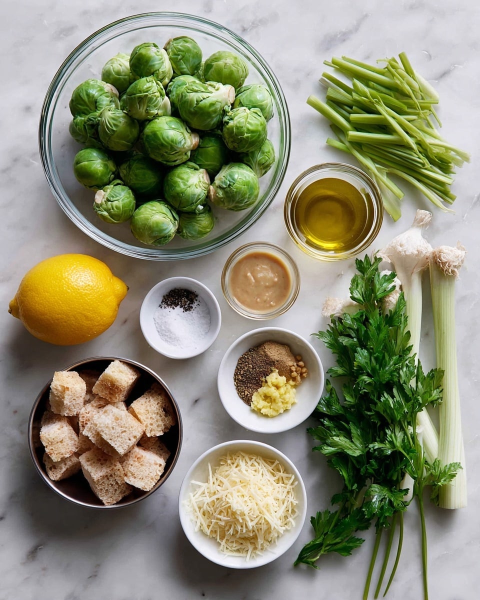 A large clear glass bowl filled with bright green whole Brussels sprouts is placed at the top left, beside a whole shiny yellow lemon on a white marbled surface. Below the lemon is a small white bowl with coarse salt and black pepper, next to it is a small clear bowl with golden olive oil, and nearby a small white bowl containing a light brown creamy sauce. Towards the bottom left are two metal bowls; one holds light brown bread cubes with crust and the other contains shredded white cheese. In the center is a white bowl with three small piles: light yellow minced garlic, dark green capers, and coarse reddish-brown mustard. Fresh green onion stalks and a bunch of flat-leaf parsley with long stems lie on the right side. photo taken with an iphone --ar 4:5 --v 7