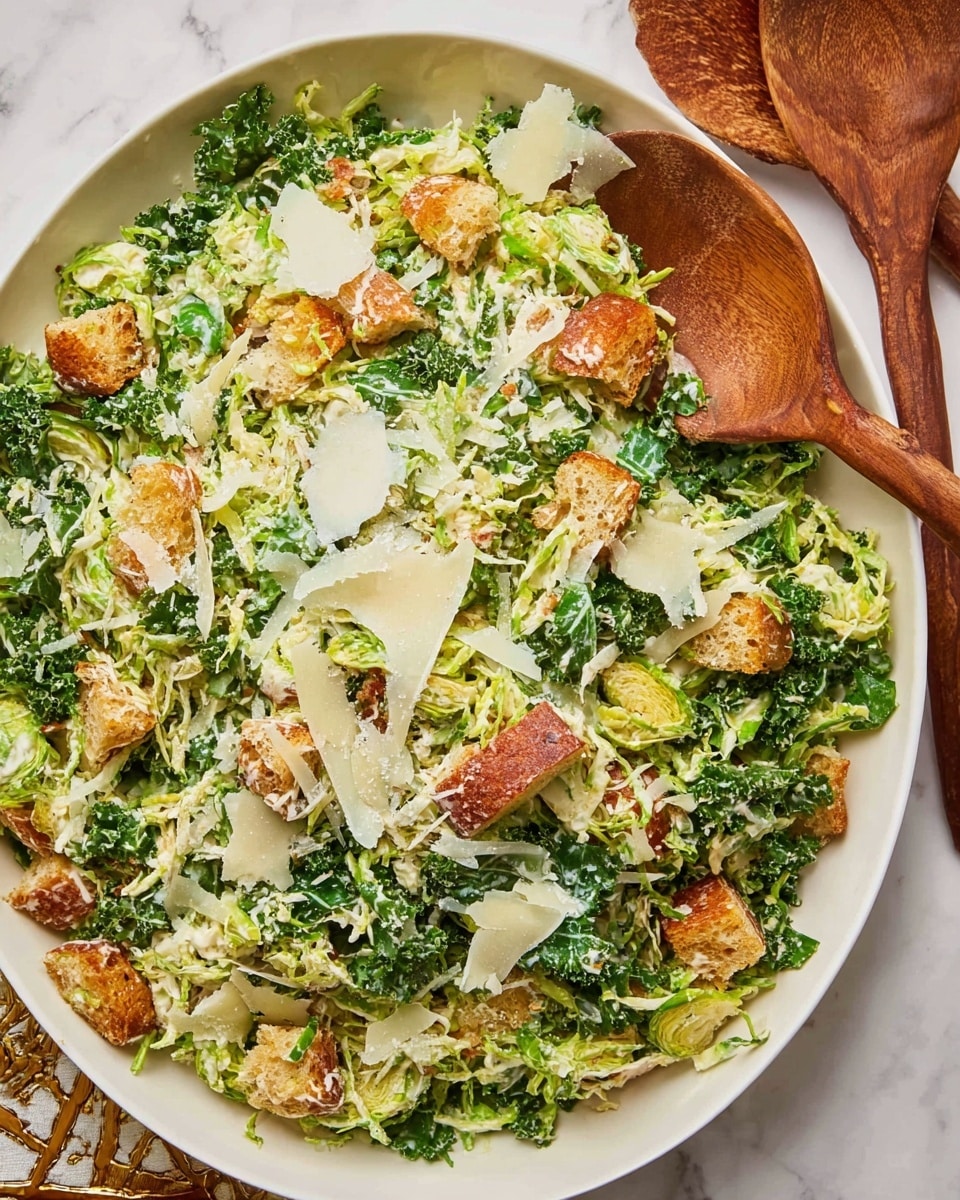 A large white bowl filled with a fresh salad showing three main layers: the base layer is shredded light green Brussels sprouts mixed with dark green kale leaves, the middle layer is scattered golden-brown toasted bread pieces, and the top layer is thin white shavings of cheese spread evenly over the salad. The salad has a creamy dressing that lightly coats the greens and bread. Next to the bowl, there is a wooden fork on the left and a wooden spoon on the right, all placed on a white marbled surface. Photo taken with an iphone --ar 4:5 --v 7