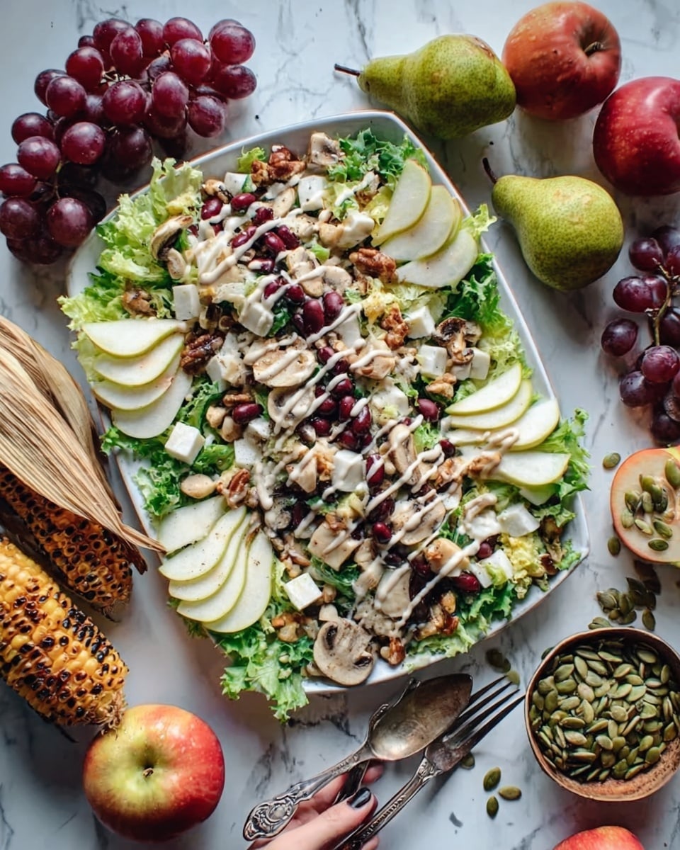 The image shows seven small clear glass bowls placed on a white marbled surface. The bowls contain different ingredients: bright purple-red grape halves fill one large bowl in the center, next to it is a bowl of light green chopped celery pieces. Another bowl contains chopped walnuts in warm brown and tan shades. There is a bowl with creamy white sour cream, another with thick pale yellow mayonnaise, and a small bowl with coarse white salt. The last two bowls hold fresh green celery leaves and finely chopped bright green chives. The arrangement is neat and well-lit, showing the fresh colors and textures of each ingredient photo taken with an iphone --ar 4:5 --v 7