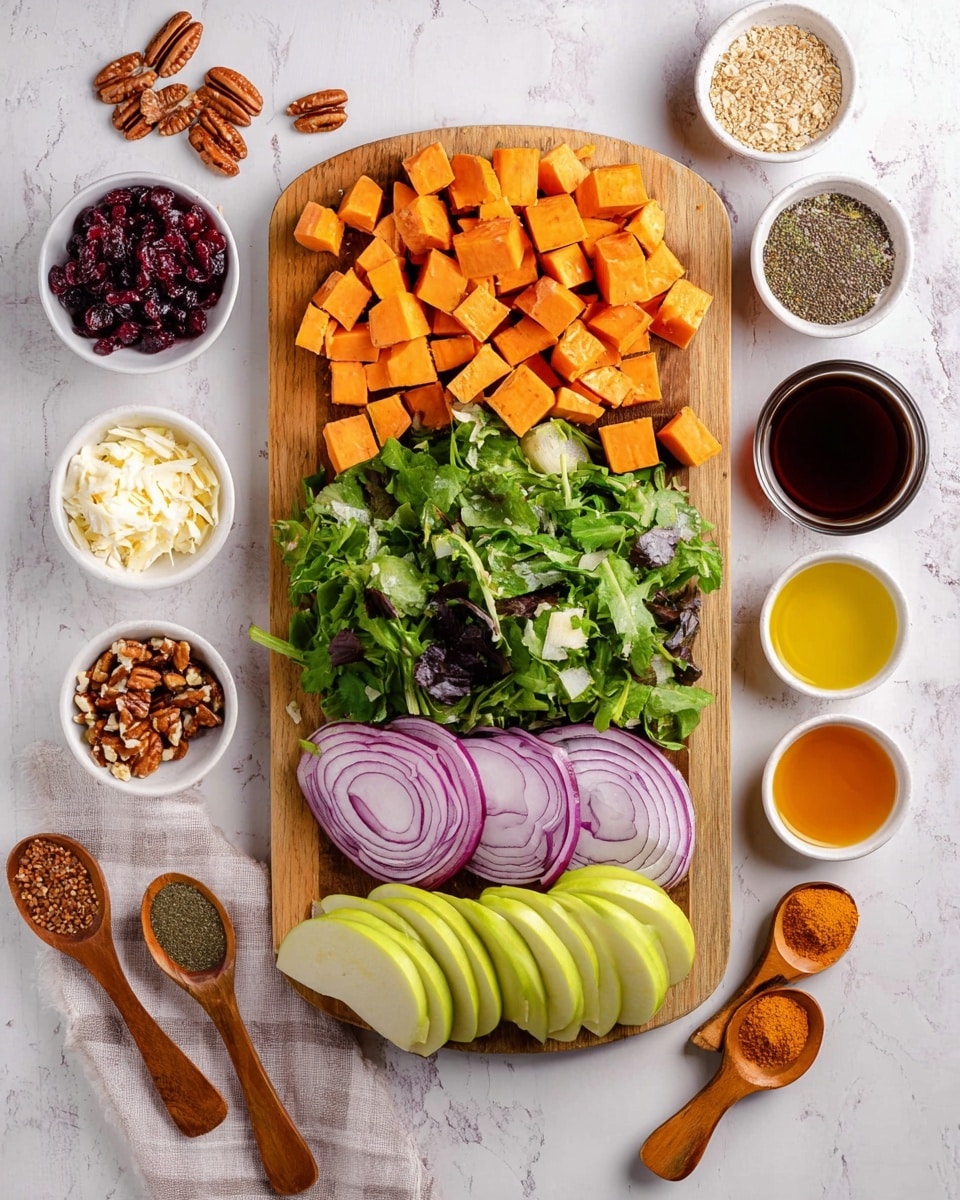 A wooden board sits on a white marbled surface, layered with three main sections: at the top, bright orange cubes of sweet potato fill the space; in the middle, fresh mixed green leaves create a textured, leafy layer; at the bottom, several thick slices of purple-red onion overlap with slices of green apple arranged next to them. Surrounding the board are eight small white bowls and three small wooden spoons, each containing different ingredients: whole pecans in the top left bowl, dark red dried cranberries in the top right bowl, light crumbled cheese in the bottom left bowl, a brown liquid in the bottom middle bowl, chunks of a brown ingredient in the bottom right bowl, bright orange and yellow oils in two bowls on the right, and three wooden spoons on the left holding different powders and seeds. The overall scene is bright and colorful with a clear, clean layout. Photo taken with an iphone --ar 4:5 --v 7
