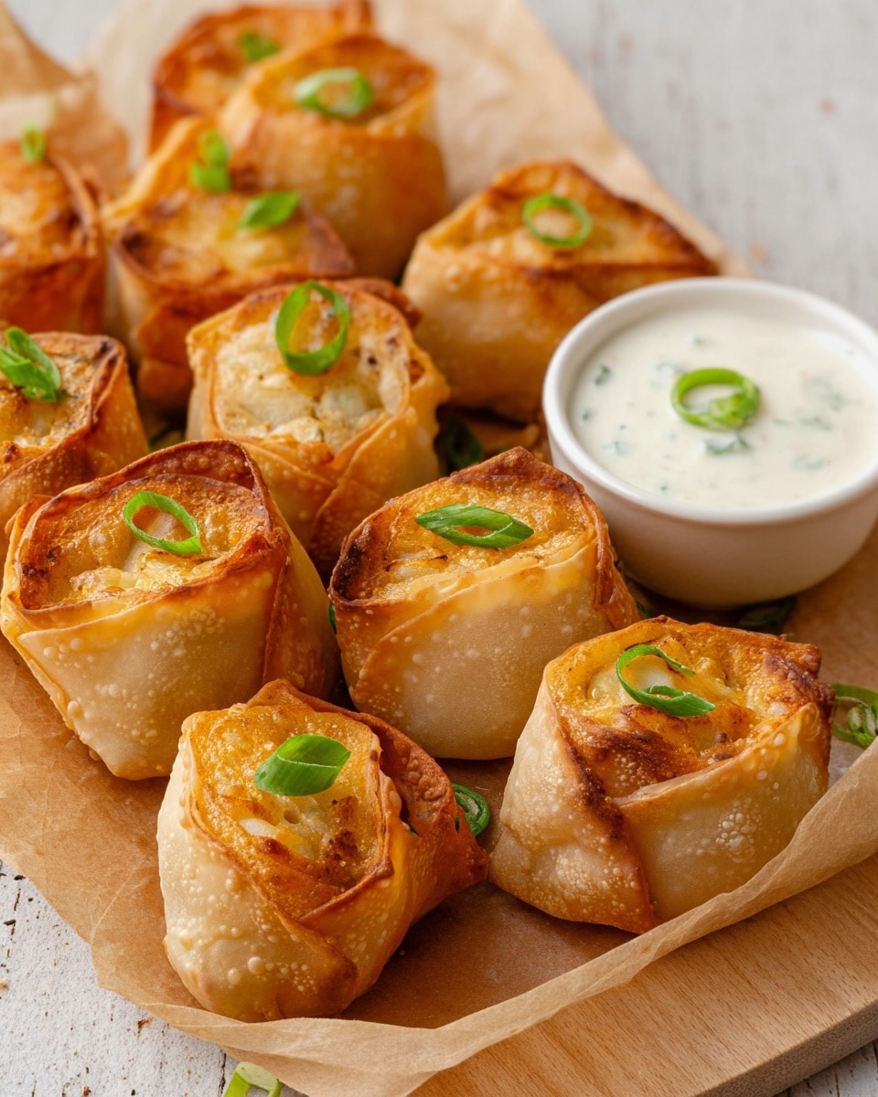 The image shows around eight small golden-brown, crispy rolls with a thin, lightly browned outer layer, each topped with a small green onion slice. The rolls lie on a light brown paper surface on a white marbled table. To the right is a small white bowl filled with white creamy sauce, also garnished with a green onion slice. The rolls look crunchy and slightly uneven in shape, giving a homemade appearance. Photo taken with an iphone --ar 4:5 --v 7