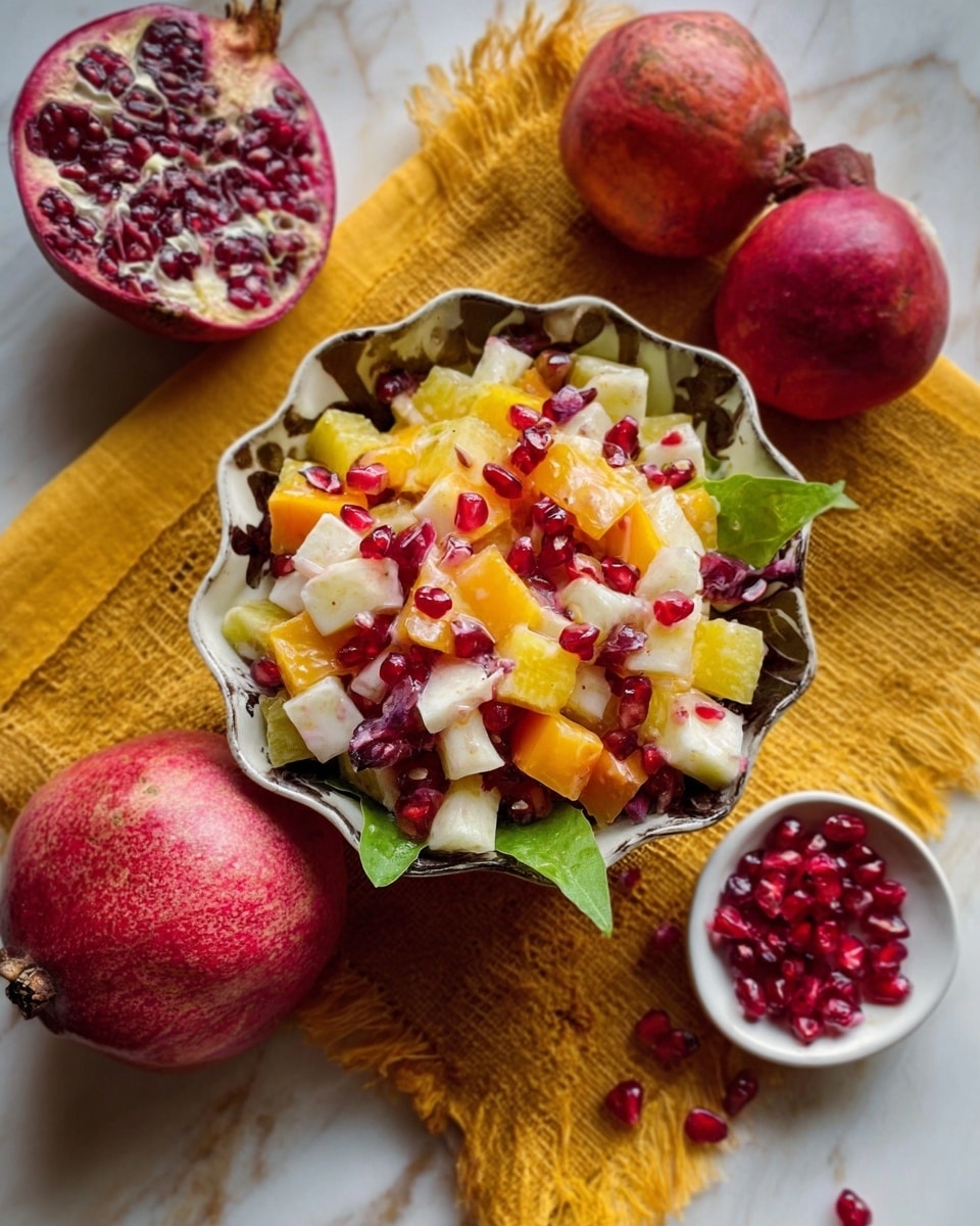 A large white rectangular plate holds a fresh salad with multiple layers. The bottom layer is a mix of green lettuce and leafy vegetables. On top of the greens, there are scattered dark red kidney beans, chopped mushrooms with light brown tops, and small cubes of off-white cheese. Slices of green pear are placed along the edges, some whole and some cut. The salad is topped with a creamy dressing drizzled over the center in thin lines. Around the plate, there are red grapes in a bunch, whole green pears, halves of a green pear, red apples, grilled corn with char marks, and a small white bowl filled with green pumpkin seeds. A woman's hand holds a vintage-looking silver fork near the bottom right on a white marbled surface. photo taken with an iphone --ar 4:5 --v 7