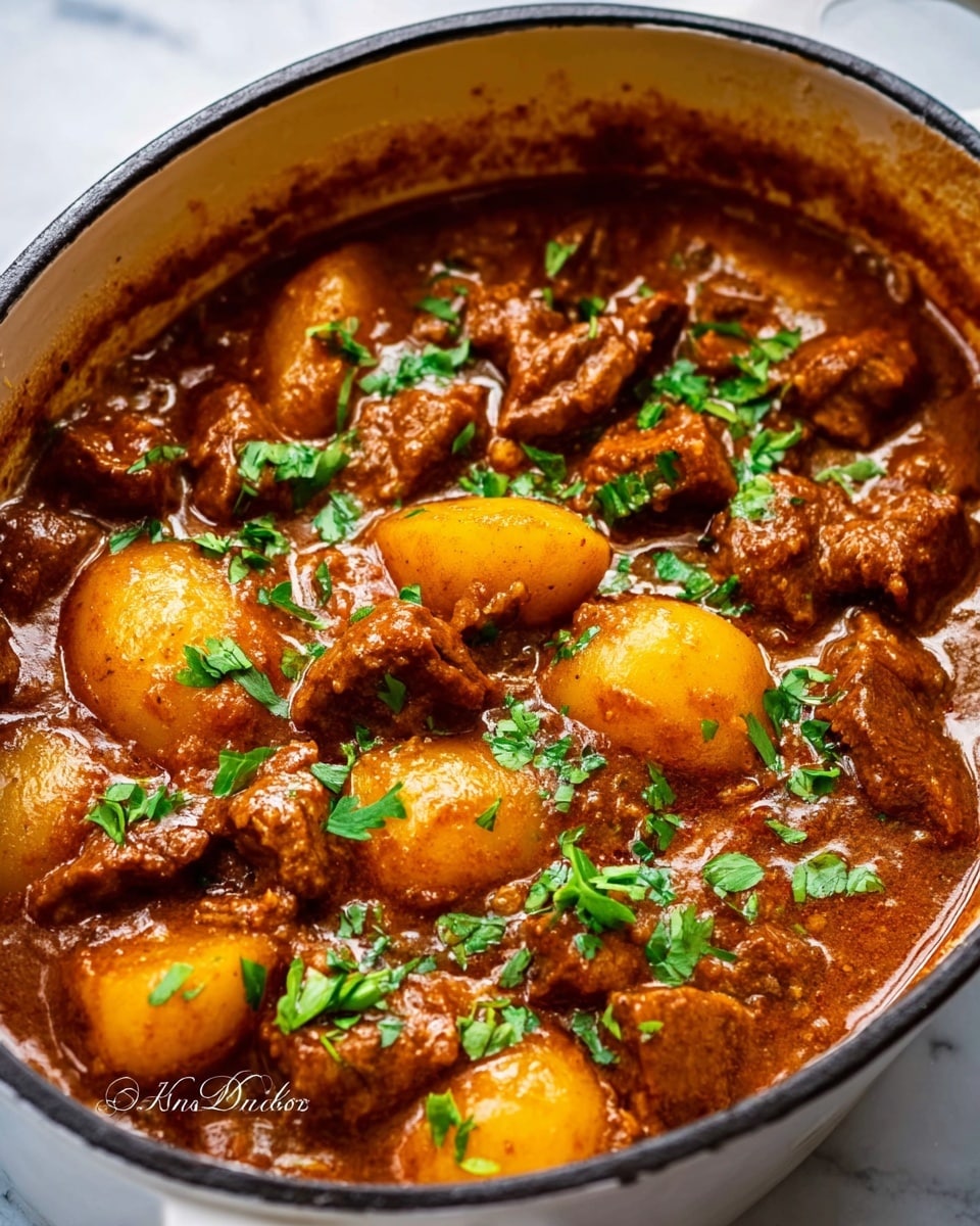 A white bowl filled with a dark broth contains several pieces of brown meat placed in the center. Around the meat, there are large chunks of orange carrots and pale yellow potatoes, all lightly mixed in the soup. The textures show the meat as tender with a slightly rough surface, while the vegetables look soft and cooked. The bowl sits on a white marbled surface. photo taken with an iphone --ar 4:5 --v 7