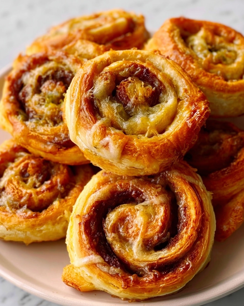 The image shows close-up of several swirled pastries with golden-brown flaky crusts and visible layers of filling inside. Each pastry has light brown toasted edges and a shiny glaze on top, with swirls revealing a mix of green and orange fillings inside. The pastries are piled together closely on a white plate, which sits on a white marbled surface. The lighting makes the pastries look warm and fresh, showing a detailed texture of the dough and fillings. Photo taken with an iphone --ar 4:5 --v 7