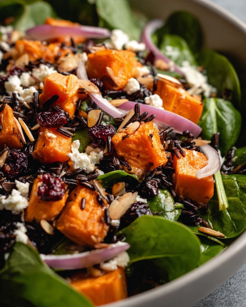 A close-up view of a salad in a deep white bowl, showing multiple layers starting with dark green fresh spinach leaves at the base. On top, there are bright orange roasted sweet potato cubes scattered evenly, mixed with dark wild rice grains. Thin slices of light purple onion strands and small white crumbles of cheese are spread throughout, along with black dried cranberries and thin, light beige almond slices. The salad has a fresh, textured look with a mix of smooth and crumbly elements. Photo taken with an iphone --ar 4:5 --v 7
