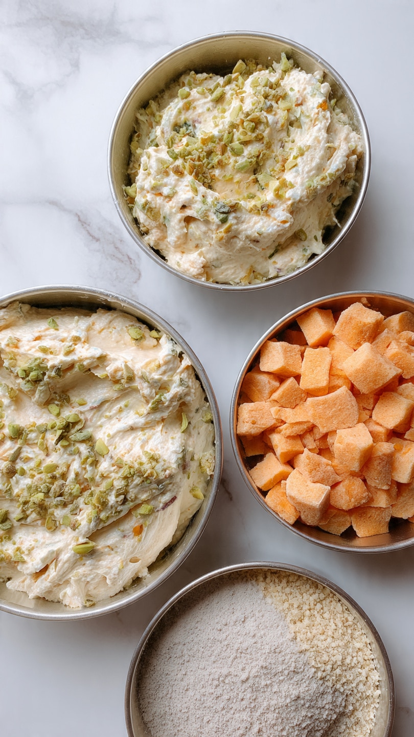 The image shows four round white metal bowls placed on a white marbled surface. The top left bowl contains a creamy mixture with green herbs sprinkled on top, giving it a slightly chunky texture. To the right of it, there is a smaller bowl filled with small cubes of orange-colored food. The bottom left bowl holds a grayish powdery substance, and the bottom right bowl contains a pale beige granular mixture. All bowls have simple, smooth textures and are arranged close together in a square shape. Photo taken with an iphone --ar 4:5 --v 7