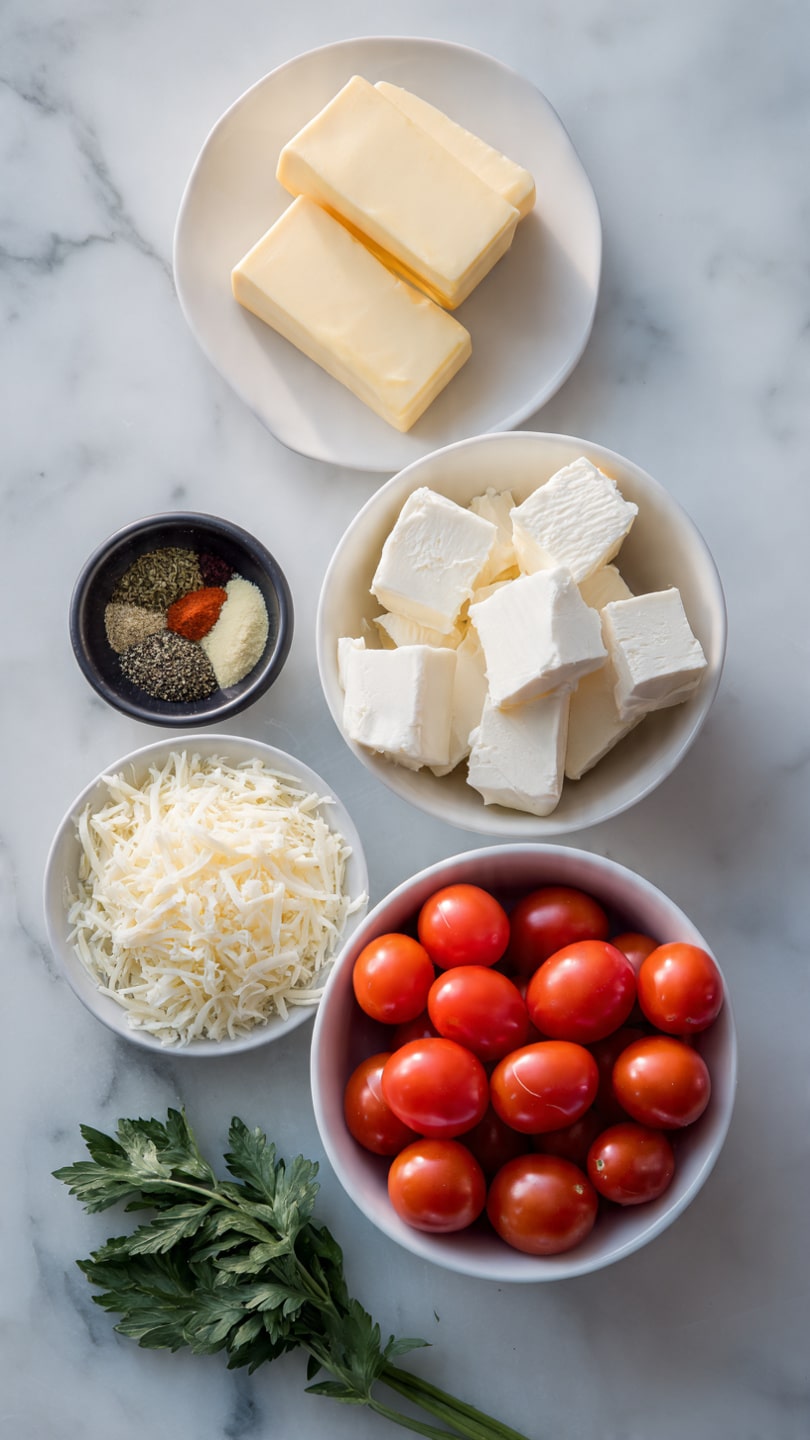 The image shows six elements arranged on a white marbled surface. At the center bottom, a white bowl is filled with many bright red cherry tomatoes. To the right of the bowl, a white bowl holds six large white cheese cubes with smooth edges. Above this, a small white plate contains five light yellow blocks of butter. To the right of the butter plate, a small white bowl has five different herbs and spices with green, dark green, black, and light tan colors separated neatly in sections. To the left of the butter plate, a small black bowl is filled with fluffy white shredded cheese. Lastly, two fresh carrot leaves with a green feathery texture lie next to the black bowl. Photo taken with an iphone --ar 4:5 --v 7