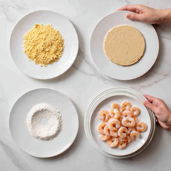 The image shows four white plates placed on a white marbled surface arranged in a 2x2 grid. The top left plate holds a dry yellow crumbly mixture spread evenly. The top right plate contains a light brown wet batter with a smooth texture covering the entire plate. The bottom left plate has a white powdery substance in a ring shape around the edge, with a small empty space in the center. The bottom right plate is full of small, pink cooked shrimp piled across the surface. A woman's hand is reaching down from the top right corner, holding a stack of white plates. Photo taken with an iphone --ar 4:5 --v 7
