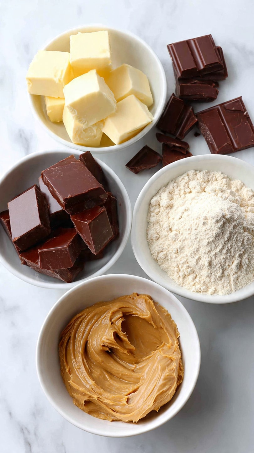 In the image, there are four white bowls placed on a white marbled surface. The first bowl contains several small cubes of butter and chunks of dark chocolate, both with smooth and shiny textures. The second bowl holds a dry mix of flour and cocoa powder, which looks powdery and light brown. The third bowl includes a glossy, melted chocolate mixture with a rich dark brown color. The fourth bowl has a smooth peanut butter mixture with a few eggs around it, showing creamy, yellowish texture parts mixed with the sticky peanut butter. The bowls are arranged close to each other, showing the ingredients for making a chocolate peanut butter dessert. photo taken with an iphone --ar 4:5 --v 7