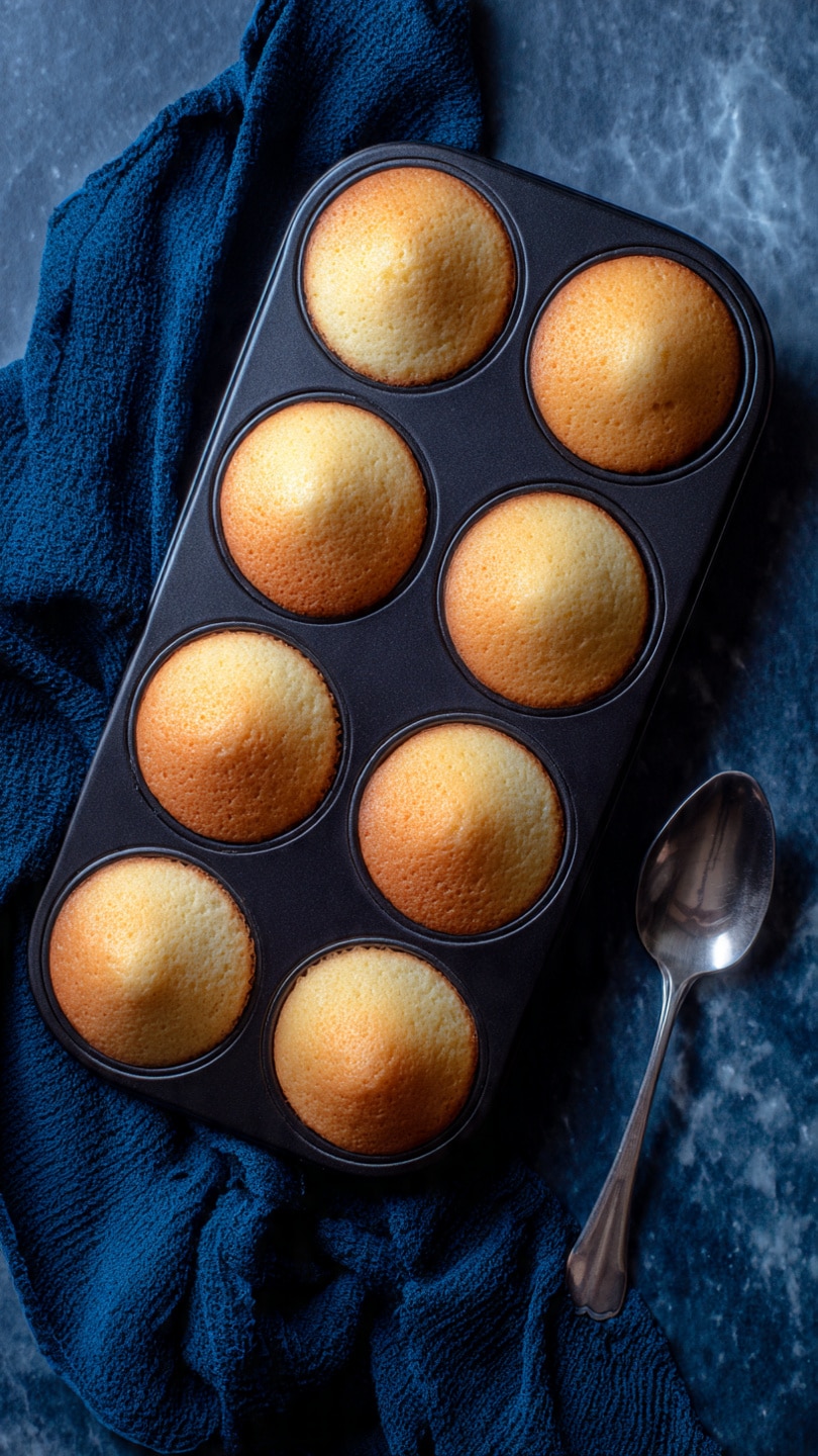 A black muffin pan with six evenly spaced cupcakes sits on a white marbled surface. Each cupcake has a smooth, golden-brown top with a slightly shiny texture, filling the pan cavities completely. To the right of the pan, there is a silver spoon resting on the surface, and to the left, a dark blue cloth provides contrast. The lighting highlights the cupcakes’ soft texture and warm color. photo taken with an iphone --ar 4:5 --v 7