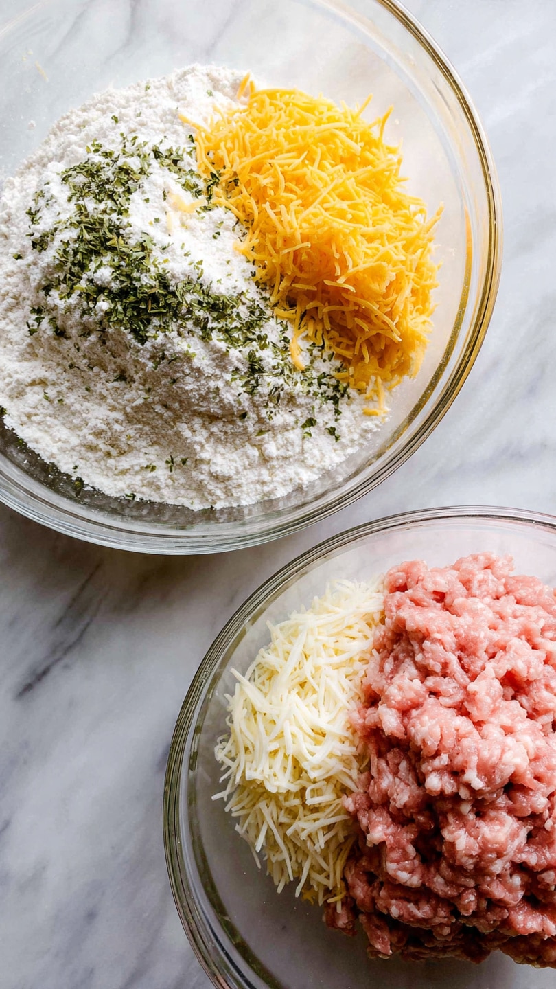 Two clear glass bowls sit on a white marbled surface. The bowl on the left holds a mixture of white flour with green herbs sprinkled on top, creating a soft, powdery texture with green flecks near the edge. The bowl on the right contains three layers: a cluster of yellow shredded cheese on the top left side, white shredded cheese below it, and a mound of raw, pink ground meat filling most of the bowl’s right side. The layering clearly shows the difference in textures and colors between cheese and meat against the transparent bowl, all viewed from above. photo taken with an iphone --ar 4:5 --v 7