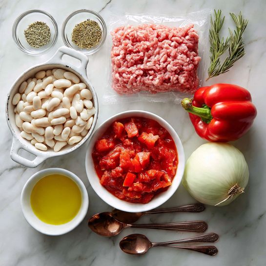 The image shows ingredients laid out on a white marbled surface. There is one white colander filled with white beans at the bottom left, a white bowl filled with diced red tomatoes and sauce on the right, and a half white onion in the center. Two green bell peppers and a whole white garlic bulb are placed at the top right. A package of raw ground meat with white fat and pink flesh occupies the top left, near two small glass bowls of dried herbs. A small glass bowl of yellow olive oil is below the onion, and four measuring spoons made of copper and silver are arranged at the bottom right. Photo taken with an iphone --ar 4:5 --v 7