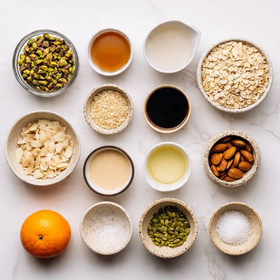The image shows a top view of different ingredients in clear and white bowls on a white marbled surface. From the top left, there is a clear bowl filled with green and brown pistachios; next to it are two small white bowls, one with a light brown liquid and the other with a dark brown liquid. To the right, a large clear bowl is full of light beige rolled oats. Below the pistachios is a clear bowl with light beige sliced almonds. Below the two small bowls is a small clear bowl with a pale creamy beige liquid, and to its right, a smaller clear bowl with white coconut flakes. Below these is a beige speckled bowl filled with green pumpkin seeds. Near the center bottom is a whole orange, small white bowl with coarse salt, a white bowl with beige hemp seeds, a clear bowl with a light yellow liquid, and a white bowl filled with brown almonds. The items are neatly arranged in a grid-like pattern. Photo taken with an iphone --ar 4:5 --v 7