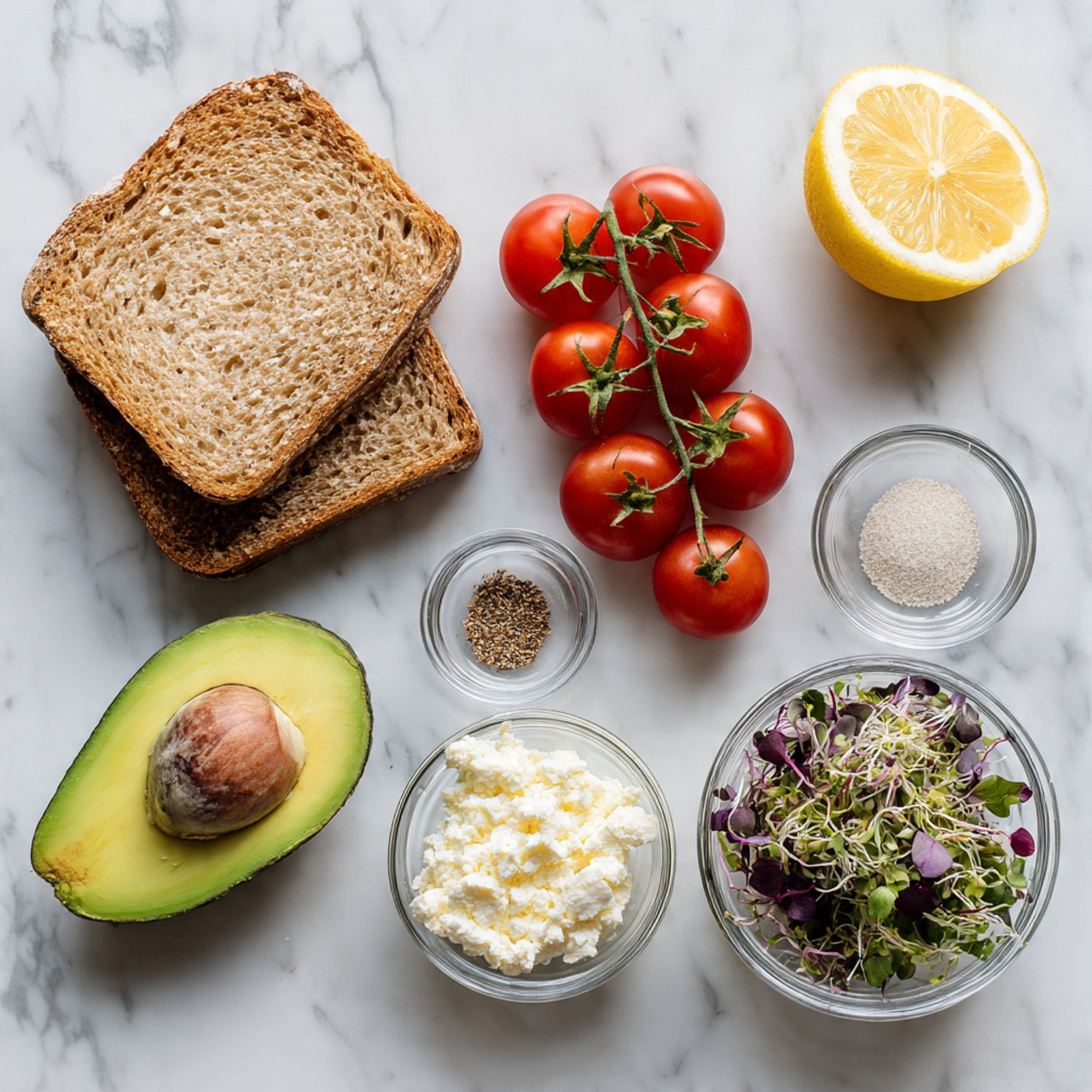 The image shows ingredients arranged on a white marbled surface including two slices of light brown bread stacked diagonally near the top left, a halved avocado with one half showing a large brown seed and the other half empty positioned below the bread, a cluster of red cherry tomatoes on green stems and one large red tomato placed above the avocado, a small lemon wedge on the right side, a small glass bowl of white crumbly cheese below the avocado, another small glass bowl containing a mix of salt, black pepper, and garlic powder next to the cheese, and a small glass bowl filled with mixed green and purple microgreens at the bottom right. Photo taken with an iphone --ar 4:5 --v 7