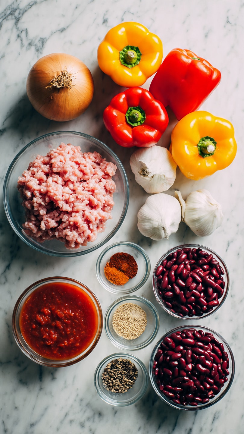 The image shows various cooking ingredients placed on a white marbled surface. On the left side is a clear glass bowl with two types of raw minced meat, one larger piece rolled around the other, both light pink in color. Above the meat is a cluster of colorful bell peppers in red, orange, and yellow shades, with smooth, shiny skin. To the right of the peppers are two whole yellow onions with dry outer skin. Next to the onions are two heads of white garlic with loose skins. Below the garlic are four small clear glass containers with spices: crushed red pepper flakes, ground cumin, a light brown powder, and caraway seeds. Two metallic bowls with bright red tomato sauce sit below the spices, and to the far right is a clear glass bowl filled with dark red kidney beans. The arrangement is neat and evenly spaced, with the vibrant colors of the vegetables and sauces contrasting against the white marbled texture. Photo taken with an iphone --ar 4:5 --v 7