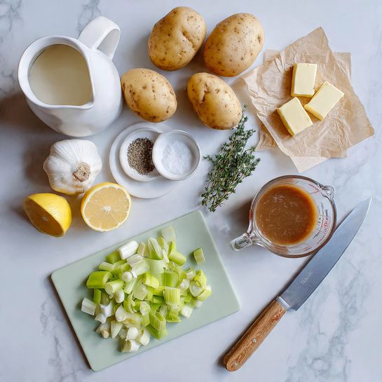 The image shows ingredients laid out for cooking on a white marbled surface. There are four whole potatoes placed near the top middle, next to three small sticks of butter on parchment paper. To the right, there's a clear glass measuring cup filled with brownish liquid, and sprigs of fresh green thyme along with a small white dish of salt and pepper. On the left side, a white jug of cream sits near some garlic cloves. Below, on a light green cutting board, there are chopped pieces of leek and onion, along with two lemon halves, one showing the inside and the other the peel, next to a large kitchen knife with a gray handle. On the bottom right corner, part of a white bowl with a wooden spoon inside is visible. Photo taken with an iphone --ar 4:5 --v 7