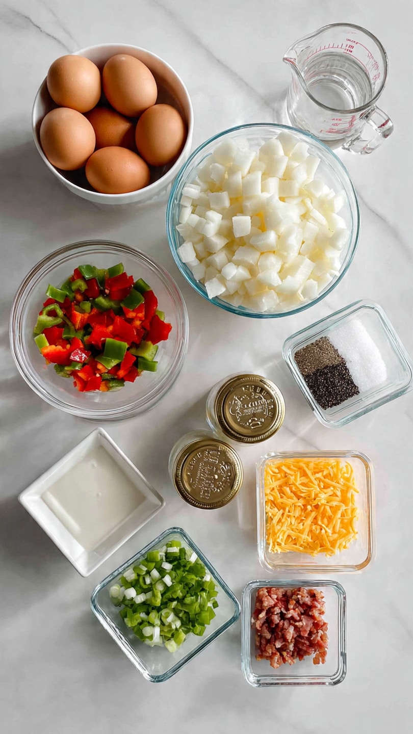 The image shows several clear and white bowls and containers arranged on a white marbled surface. Starting from the top left, there is a white bowl filled with seven brown eggs. Next to it, a clear glass measuring cup holds a small amount of white liquid. Below, a large clear glass bowl is filled with small, white, diced potatoes. To the right of it, two clear glass containers with gold lids hold black ground pepper and salt. Below those containers, a small white square dish contains a pat of butter. Around these, a small clear glass bowl holds chopped green and red bell peppers, another small clear glass bowl contains finely chopped white onions, a clear bowl has shredded orange cheddar cheese, and the last white bowl on the bottom right contains small, raw bacon pieces. All items are neatly arranged and visible from above, making the colors and textures distinct and clear. Photo taken with an iphone --ar 4:5 --v 7