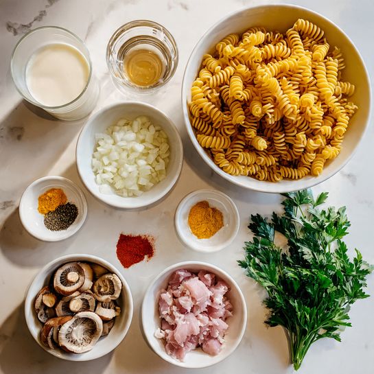The image shows several white bowls and small containers arranged on a white marbled surface. In the top right, a large white bowl is filled with uncooked yellow pasta shaped like short spirals. Next to it, a clear glass with a light brown liquid sits beside a white bowl containing diced white onions. Below, there is a white bowl with sliced brown mushrooms, and in the center, smaller white bowls hold various colorful spices including red, yellow, and orange powders. To the bottom right, a white bowl contains small pieces of raw pale pink meat, and beside it is a bunch of fresh green parsley. A clear glass with a creamy white liquid is placed near the top left corner. The colors in the image are vibrant, with the fresh ingredients standing out against the smooth white marbled background, creating a clean and organized look. photo taken with an iphone --ar 4:5 --v 7
