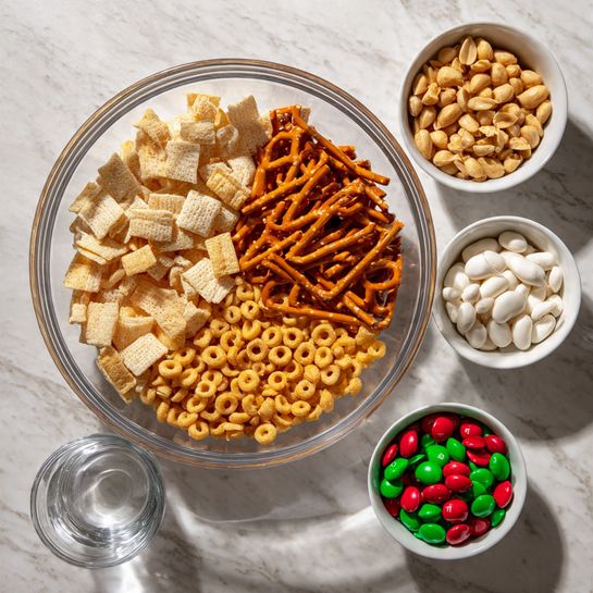 The image shows a clear glass bowl filled with four main snack layers: light beige square cereal pieces in the top left, crunchy orange-brown pretzel sticks piled on the right side, light brown round cereal loops at the bottom left, and a few small pieces of white snack mixed at the bottom left. Around the main bowl, there are three white bowls placed on a white marbled surface: one filled with light brown peanuts at the top, another with off-white candy drops on the right, and a third one with red and green candy-coated chocolates at the bottom right. A small empty clear glass cup sits below the big bowl. Photo taken with an iphone --ar 4:5 --v 7
