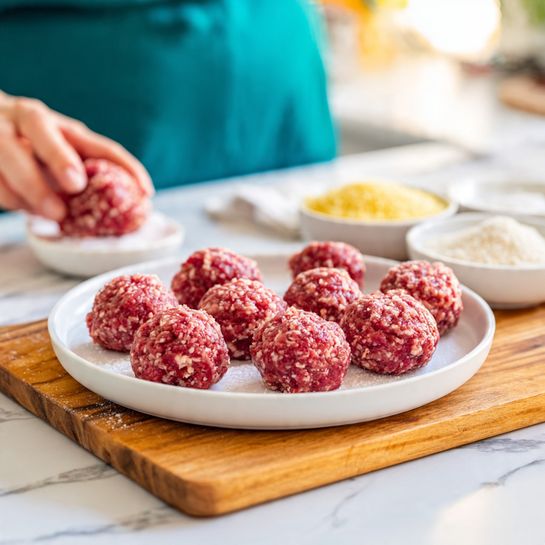 A white round plate holds about a dozen raw meatballs made of red ground meat with some small white fat pieces mixed in. The meatballs are arranged in two rows near the center of the plate. A woman's hand is shaping one of the meatballs, reaching from the top right of the frame. The plate is on a wooden cutting board placed on a white marbled surface. Nearby, there are two small white bowls, one filled with coarse white salt and the other with yellow breadcrumbs. The background is blurred, showing a person wearing a teal colored shirt. photo taken with an iphone --ar 4:5 --v 7