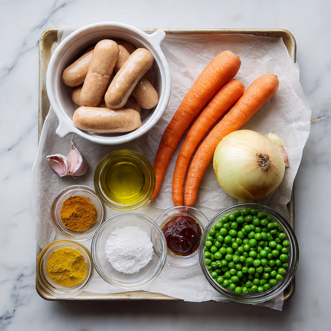 A baking tray lined with parchment paper sits on a white marbled surface, holding various ingredients arranged neatly. On the top left, a white bowl is filled with plump, light brown sausages. Below the bowl, two large orange carrots lie diagonally next to a whole yellow onion with some of its skin peeling. A small round glass bowl next to the carrots contains bright green peas. Near the peas, a small bowl holds a dark reddish-brown sauce or paste. At the bottom left of the tray, four small glass bowls are filled with a yellow curry powder, white salt, white flour, and pale yellow oil. Two garlic cloves with purple streaks are placed between the peas and the oil. Photo taken with an iphone --ar 4:5 --v 7