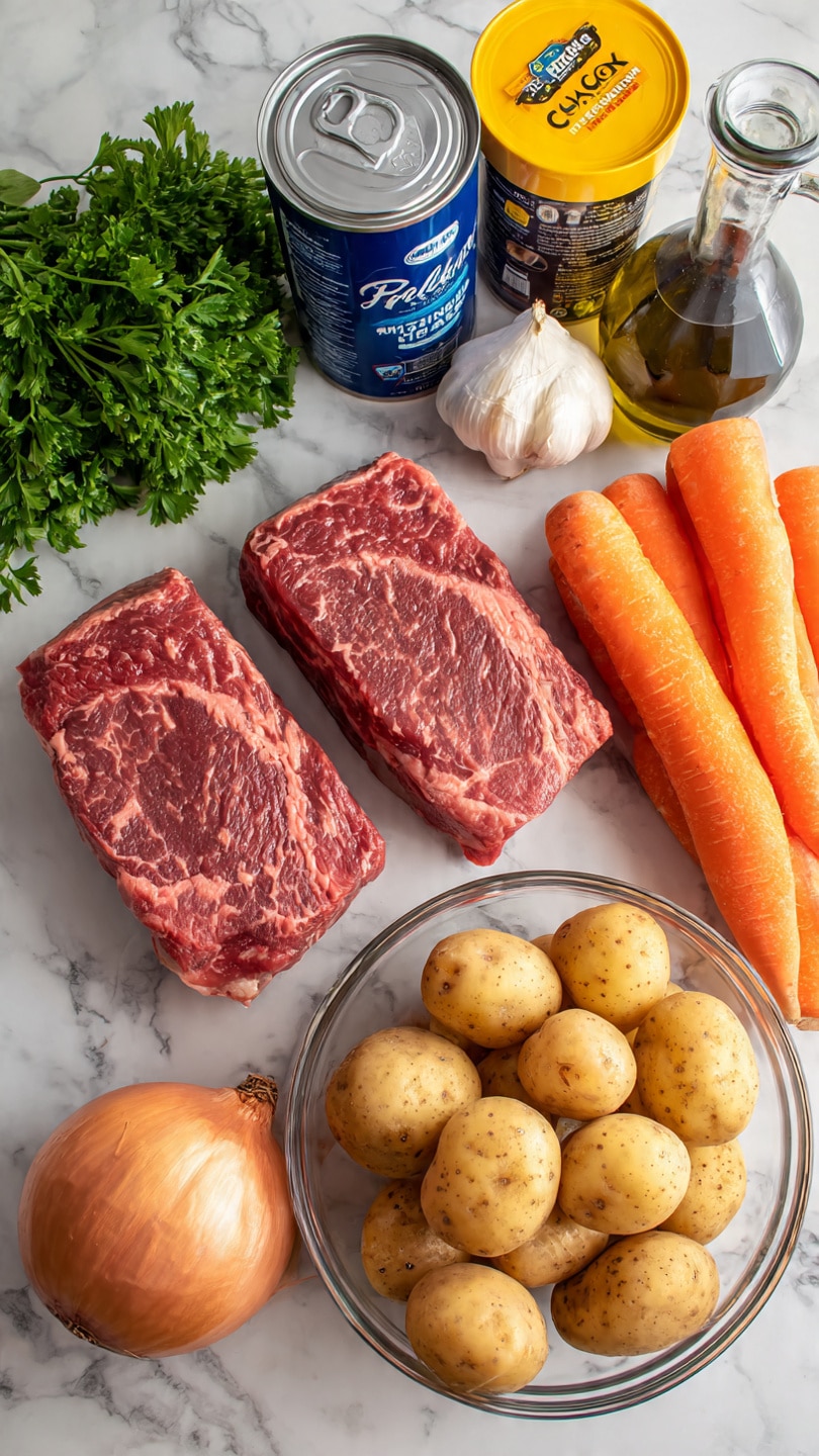 A white marble surface holds several fresh ingredients: two thick raw beef steaks with visible marbling placed side by side on the left, a group of small round potatoes piled in a clear glass bowl to the right, three fresh orange carrots placed next to the bowl, one whole round onion with brownish skin near the steaks, and two garlic bulbs next to the onion. Behind these items stand a blue can of evaporated milk, a yellow container of corn starch, a dark glass bottle with a label, and a tall bottle of olive oil with a spout. A small bunch of fresh green parsley is visible at the far left. Photo taken with an iphone --ar 4:5 --v 7