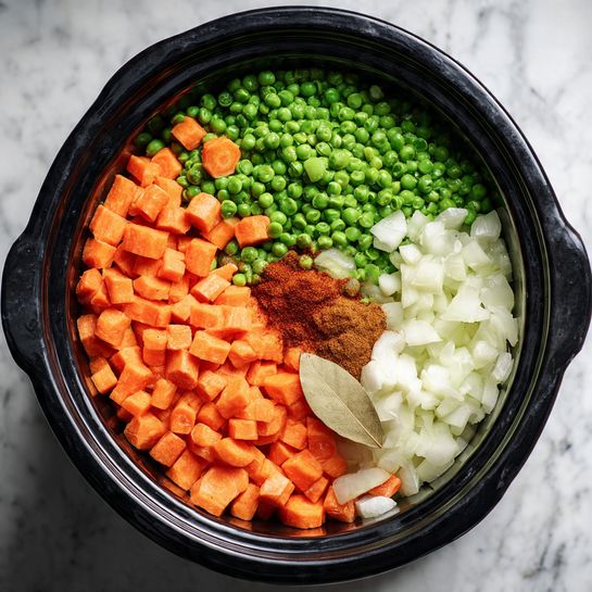 The image shows a close-up top view of a black slow cooker filled with five layers of ingredients. In the top half, there are bright green split peas covering most of the space. Below them, in the bottom half, chopped orange carrots fill the left area, bright white chopped onions fill the right area, and a small pile of darker red spice powder sits in the center near a pale bay leaf. The ingredients have a fresh, raw texture. The slow cooker sits on a white marbled surface. Photo taken with an iphone --ar 4:5 --v 7