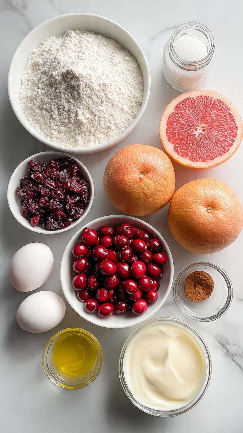 The image shows a collection of ingredients set neatly on a white marbled surface. There are two whole pink grapefruit placed slightly to the right center, next to a white bowl filled with bright red fresh cranberries. Above the cranberries is a white bowl with dark dried cranberries. Toward the top left, a large white bowl holds a powdery white flour mix. Near the top center, a small clear glass bowl contains white salt, and next to it is a glass jar with fine white sugar. Toward the bottom left, two white eggs are placed next to a small white bowl filled with yellow oil and a smaller brown wooden bowl holding a light brown spice, likely cinnamon. Near the eggs, a clear glass bowl contains a thick white creamy substance, and next to it, another clear glass bowl holds a creamy beige liquid. The whole scene is viewed from above, bright and clean, photo taken with an iphone --ar 4:5 --v 7