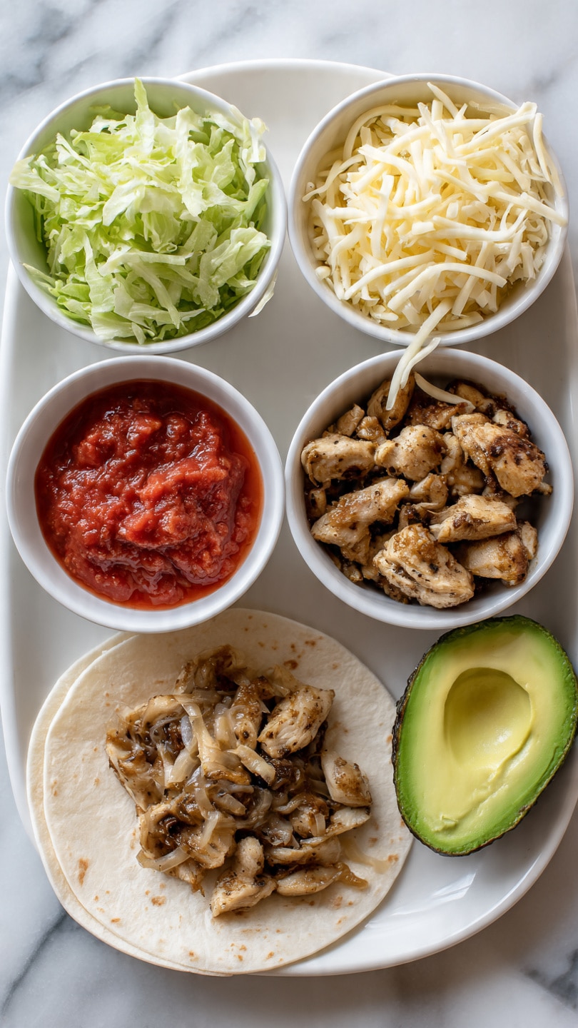 The image shows a white tray with four round bowls and one wrap. The wrap at the bottom center is filled with pieces of brown cooked turkey and a light brown sauce, with a soft beige flatbread underneath. On the top left is a bowl full of shredded light green lettuce. On the top right is a bowl filled with shredded pale yellow and white cheese. Below these bowls is a red tomato sauce, chunky in texture, inside another bowl. To the right of the sauce is half of a bright green avocado with the seed removed, placed on the white marbled surface. A woman's hand is holding the left edge of the tray. Photo taken with an iphone --ar 4:5 --v 7