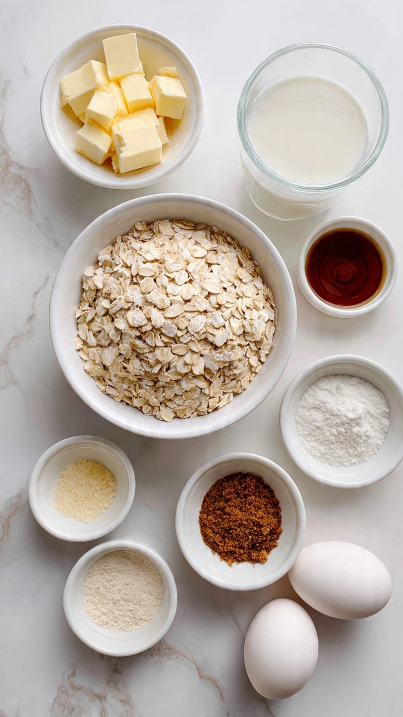 The image shows a white marbled surface with several white bowls and a glass of milk arranged neatly. There is one large bowl filled with light beige rolled oats, surrounded by smaller bowls with light yellow chopped butter, white granulated sugar, white liquid milk, dark brown vanilla extract, light brown brown sugar, white baking powder with a small amount of brown cinnamon on the side, and clear water. Two white eggs lie on the surface near the bowls. The colors are soft, with the oats and brown sugar adding warm tones, while the butter and sugar add light creamy and white shades. Photo taken with an iphone --ar 4:5 --v 7