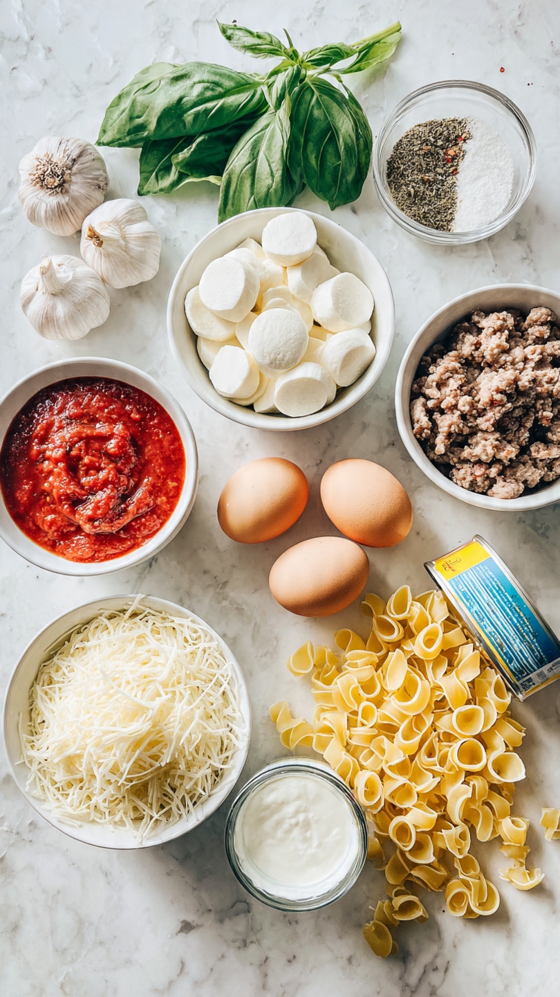 A flat lay image shows a variety of ingredients arranged neatly on a white marbled surface. At the top left, there is a bunch of fresh green basil leaves next to three cloves of garlic. Below, a small white bowl holds coarse salt. To the right, a white bowl contains soft white mozzarella slices arranged in a circular pattern. Next, there is a small white bowl filled with finely minced black pepper and another with brown dried herbs. On the right side, a white bowl holds brown crumbled sausage meat. In the center, two brown eggs sit side by side. Below them, a glass cup holds cream. To the left, there is a jar of red marinara sauce and a can of tomato sauce. At the bottom left, a white bowl is filled with shredded mozzarella cheese. To the right of it, a white bowl contains grated Parmesan cheese. Near the middle-right side, a tilted blue and yellow pasta box spills out uncooked yellow pasta pieces. Photo taken with an iphone --ar 4:5 --v 7