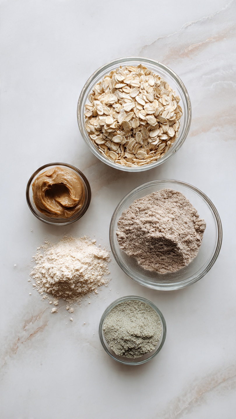 The image shows six clear glass and white bowls arranged on a white marbled surface. Two large clear glass bowls hold light beige rolled oats, one positioned at the center and another slightly above it. A small white bowl with medium brown sugar is next to a small white bowl with cubed pale yellow butter. A white bowl filled with small dark brown chocolate chips and another white bowl with a dark brown liquid, possibly syrup, complete the arrangement. The bowls and ingredients are spaced evenly and viewed from above. Photo taken with an iphone --ar 4:5 --v 7
