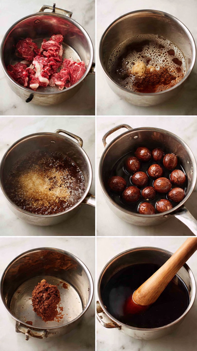 The image shows six steps of making a dish in a metal pot and wooden mortar. The first frame has raw red meat pieces and spices in a shiny metal pot filled with reddish water. The second frame shows the pot with meat boiling in light brown frothy water. The third frame shows red palm nuts soaking in dark water in the same pot. The fourth frame has the palm nuts boiling, floating in shiny dark water with bubbles. The fifth frame shows the palm nuts in a smooth wooden mortar. The sixth frame shows the browned reddish mixture made by pounding the palm nuts with a wooden pestle inside the mortar. The background is white marble. Photo taken with an iphone --ar 4:5 --v 7