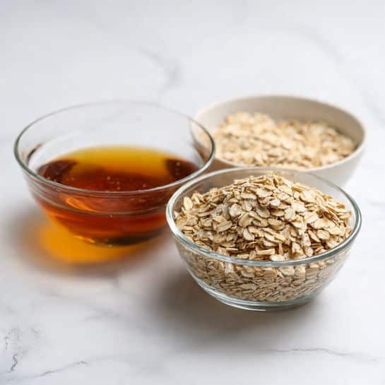 A clear glass bowl sits on a white marbled surface, half filled with a brown liquid mixture on the left side and topped on the right side with a large pile of light beige rolled oats. Another white glass bowl filled with rolled oats is partly visible next to it. The oats have a dry, rough texture, and the brown liquid is smooth and shiny. photo taken with an iphone --ar 4:5 --v 7