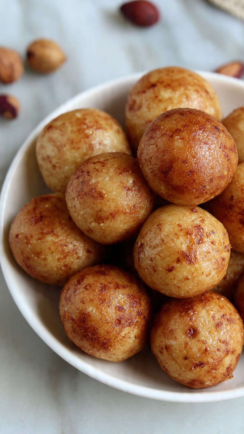 The image shows a white plate filled with small, round, golden brown dough balls. They have a smooth texture and look baked, arranged close together in a single layer. The plate sits on a white marbled surface, and the background is blurred with a few scattered nuts visible. The overall look is warm and inviting, with soft natural light highlighting the shiny surface of the dough balls. photo taken with an iphone --ar 4:5 --v 7