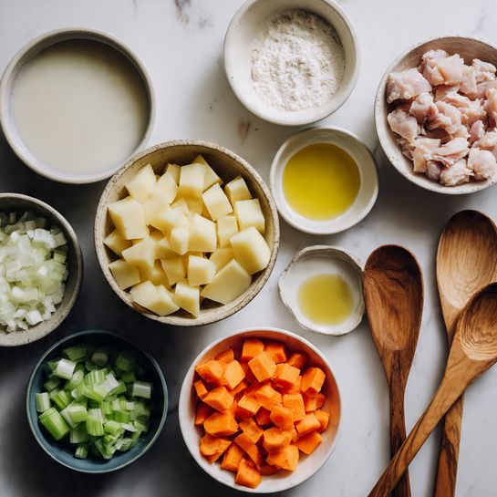 A white marble surface holds several small white bowls each filled with a different food ingredient: the top left bowl contains a white liquid, below it a bowl with a white powder, next to it a bowl of yellow oil, the top right bowl holds small chunks of raw chicken, below it a bowl filled with bright orange chopped carrots. The largest bowl near the center is filled with cubed pale yellow potatoes. Below the potatoes is a small bowl with chopped white onions, next to it a bowl with chopped green celery. Two wooden spoons lie on the surface amid the bowls, all arranged neatly. The light is soft and natural. photo taken with an iphone --ar 4:5 --v 7