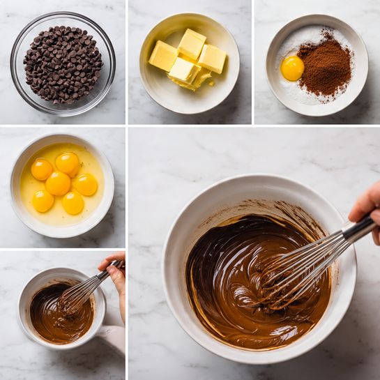 The image shows six smaller pictures arranged in two rows of three. The first picture has a clear bowl with dark chocolate chips and two pieces of yellow butter. The second picture shows melted dark chocolate stirred smoothly in a white bowl. The third picture has a white bowl containing four yellow egg yolks, an orange zest, and a heap of cocoa powder. The fourth picture shows a thick brown mixture being whisked in that white bowl. The fifth picture displays the melted chocolate being poured into the thick brown mixture with a metal whisk already inside. The sixth picture shows the chocolate and the mixture swirl together, creating a smooth texture in the white bowl. The scene has a white marbled table and a woman's hand holding the whisk. photo taken with an iphone --ar 4:5 --v 7