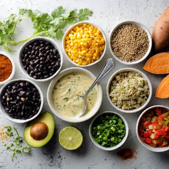 The image shows an overhead view of small white bowls arranged neatly on a white marbled surface. Each bowl contains a different colorful ingredient: deep black beans, bright yellow corn, finely chopped green onions, chopped red tomatoes, cooked beige grains, a creamy white sauce with green herbs, and light brown and red spices mixed together. A ripe green avocado, cut in half revealing its large brown seed, and a fresh lime half are placed among the bowls. There is also a whole sweet potato, cut into two pieces, showing its rich orange inside. Fresh green cilantro leaves add a touch of brightness near the top left corner. A spoon rests in the bowl with the creamy sauce. photo taken with an iphone --ar 4:5 --v 7