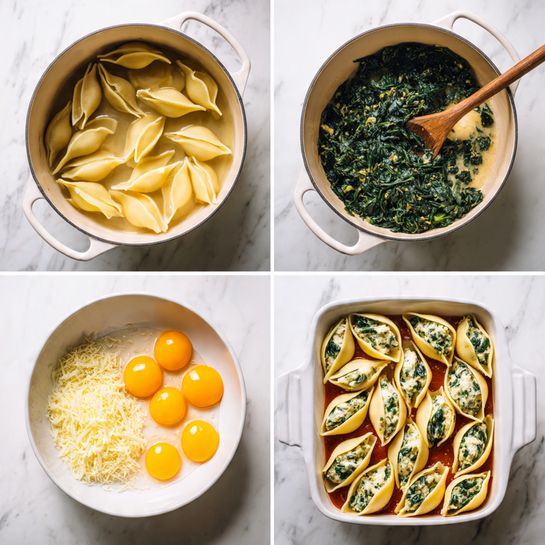 The image shows four steps of making stuffed pasta shells arranged in a grid on a white marbled surface. The top left shows a white pot filled with water and large pasta shells cooking, the shells are pale yellow and smooth. The top right image shows the same white pot with sautéed spinach inside, dark green and wilted, with a wooden spoon stirring. The bottom left shows a white mixing bowl holding a mix of ingredients including shredded cheese in pale yellow, two raw eggs with bright orange yolks, cooked spinach, and ricotta cheese, all placed separately but close. The bottom right shows a white baking dish with large pasta shells neatly arranged in rows, each stuffed with the cheese and spinach mix, resting on a layer of red sauce. Photo taken with an iphone --ar 4:5 --v 7
