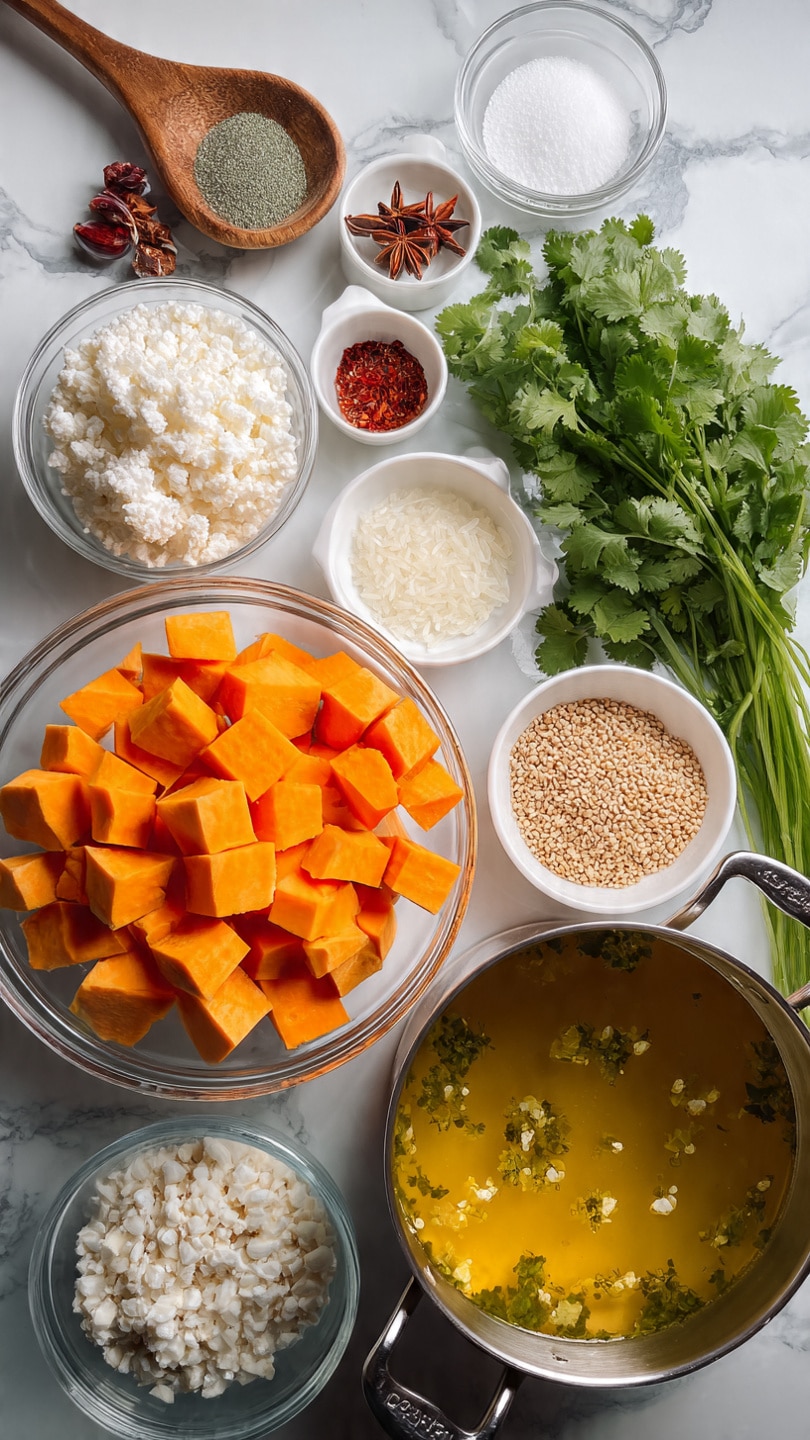 The image shows a top-down view of multiple clear glass bowls and small white dishes arranged neatly on a white marbled surface, each containing different ingredients for cooking. One large glass bowl holds bright orange cubed sweet potatoes, while a silver pot contains a golden yellow broth with small visible herbs. Surrounding these are smaller bowls and dishes with white sugar, coarse chopped white onions, white coconut milk, minced garlic, white oats, red chili powder, brownish ground spices, and finely chopped light yellow ginger. On the right side of the image lies a bunch of fresh green cilantro leaves, and a wooden spoon is partially visible on the left side. The overall setting is bright, clean, and organized, with the different layers and colors of ingredients clearly separated. Photo taken with an iphone --ar 4:5 --v 7