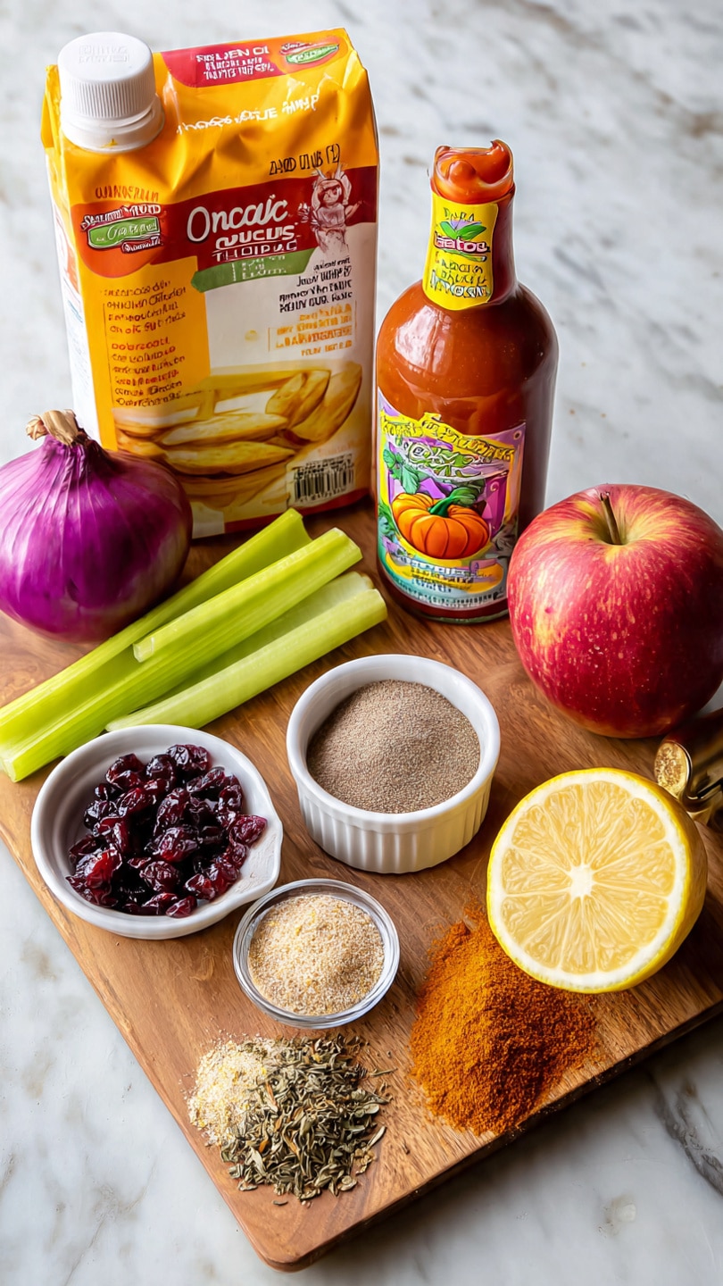 The image shows various cooking ingredients on a wooden board with a white marbled background. From left to right, there is a large carton of organic vegetable broth, a can of pumpkin with a bright orange label showing a pumpkin pie, and a bottle of Cholula hot sauce with a colorful label. In front of these, from left to right, there is half a purple onion, two celery sticks laying diagonally, a small pile of mixed dried herbs and spices, another small pile of light brown breadcrumbs or seasoning, a small white bowl filled with dark dried cranberries, a small white bowl with a light brown sauce, a pile of brown ground spice, a small pile of reddish spice, a halved lemon with bright yellow flesh facing up, and a round red and yellow apple. Photo taken with an iphone --ar 4:5 --v 7