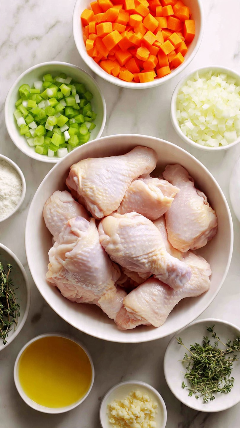 A top view of several white bowls filled with different cooking ingredients arranged on a white marbled surface. The largest bowl in the center holds raw chicken pieces with smooth, pale pink skin. Surrounding it are smaller bowls containing bright orange diced carrots, vibrant green chopped celery, finely chopped white onions, creamy white flour, clear yellow melted butter, fresh green thyme sprigs, and minced light yellow garlic. The arrangement is neat, with each ingredient clearly visible in its own bowl. photo taken with an iphone --ar 4:5 --v 7