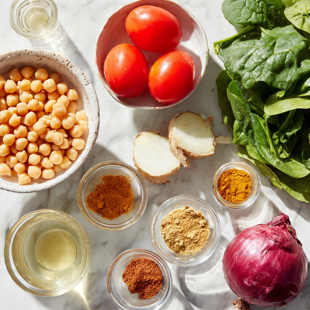 The image shows an overhead view of several ingredients on a white marbled surface, arranged neatly. In the bottom left, a white bowl is filled with light beige round chickpeas. Above it, a small white bowl holds two bright red peeled tomatoes in juice. On the right side, fresh green spinach leaves spread out, adding a vibrant touch. Nearby are a piece of light brown ginger root, a single small garlic clove with a purple tone, and two halves of a white onion showing their pale layers. Small clear glass bowls hold various ground spices: a yellow turmeric powder, a light brown mixed spice, a reddish-brown powder, and another yellow curry powder. A small glass cup contains a light, clear liquid. Everything is brightly lit, highlighting the fresh colors and textures. Photo taken with an iphone --ar 4:5 --v 7