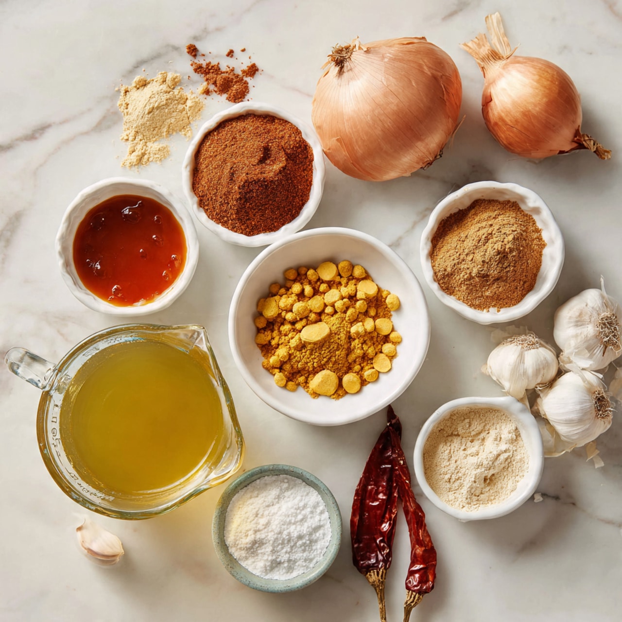 The image shows ingredients neatly arranged on a white marbled surface. There is a large clear measuring cup filled with a yellowish liquid, next to four small white bowls holding different powders and pastes in light brown, reddish-brown, and pale yellow colors. A white bowl in the center is filled with small, round, golden pieces. Surrounding these are fresh ingredients including a whole onion, a piece of garlic, and a dried red chili. There is also a white bowl with a reddish sauce and a white cup containing a white powdery substance. The photo taken with an iphone --ar 4:5 --v 7