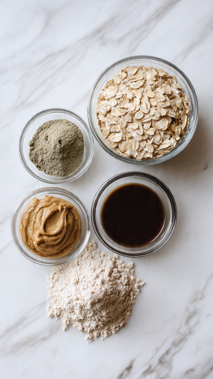 The image shows five clear glass bowls on a white marbled surface. The largest bowl at the top right is filled with light beige rolled oats. Below it and slightly to the right is a small bowl with fine greenish-gray powder. At the bottom center is a small bowl filled with dark brown thick liquid. To the left, there is a quarter cup filled with light brown creamy peanut butter, and next to it on the bottom left is a scoop with pale beige protein powder. The bowls and scoop are arranged neatly in a loose cluster. photo taken with an iphone --ar 4:5 --v 7