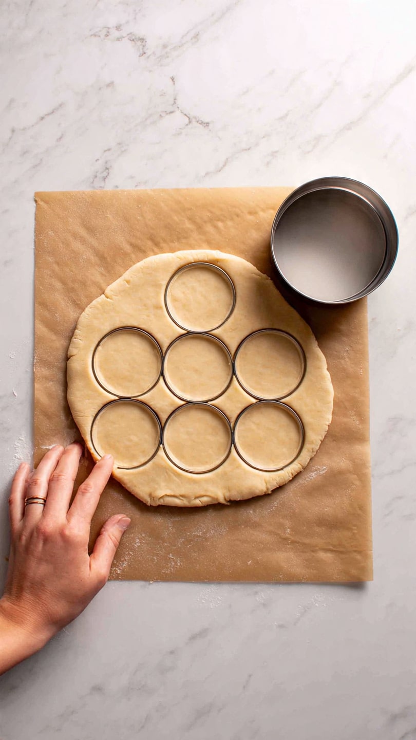 A large, rolled-out dough sheet on a piece of brown parchment paper placed on a white marbled surface. The dough is light brown and smooth with eleven perfect circular shapes cut inside it, arranged in three rows. There is a metal circular cutter resting on the top right of the dough sheet. A woman's hand is gently holding the edge of the dough near the bottom left corner. Photo taken with an iphone --ar 4:5 --v 7