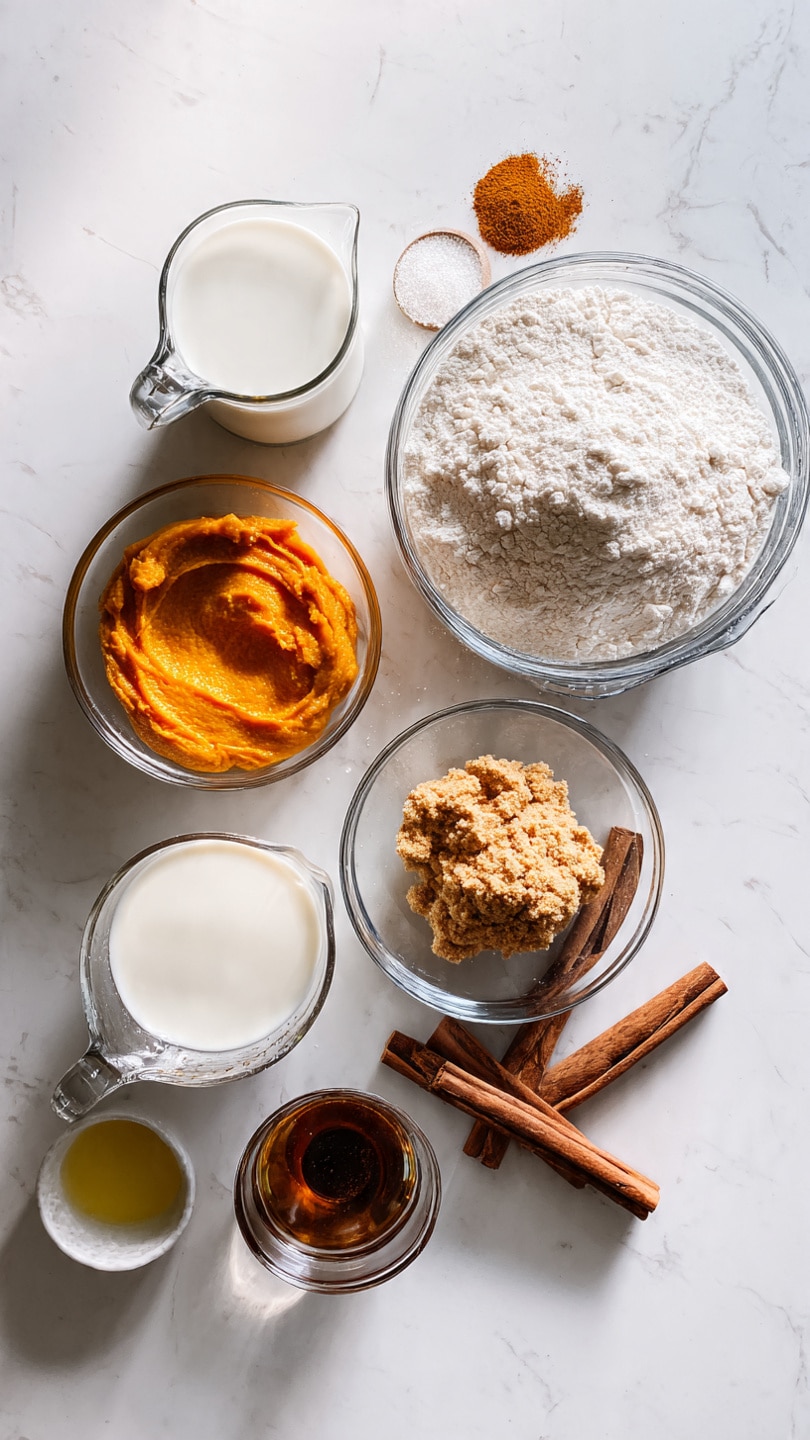 The image shows several clear glass bowls arranged on a white marbled surface. The largest bowl, filled with white flour, is placed on the right side. Near it, a smaller bowl contains a bright orange smooth mixture, likely pumpkin puree. Another bowl holds a light brown, crumbly mixture, and next to it is a clear measuring cup filled with white liquid, possibly milk. There is also a small bowl with a dark brown liquid, likely vanilla extract, and another small bowl with a light yellow liquid, possibly oil or melted butter. A few cinnamon sticks and a small pile of ground spices are scattered nearby, adding warm brown tones. A glass container with white liquid, possibly water or another milk, is positioned on the left side. The whole setup is neat and well-lit, with a soft shadow under each bowl, giving a fresh and clean look. photo taken with an iphone --ar 4:5 --v 7