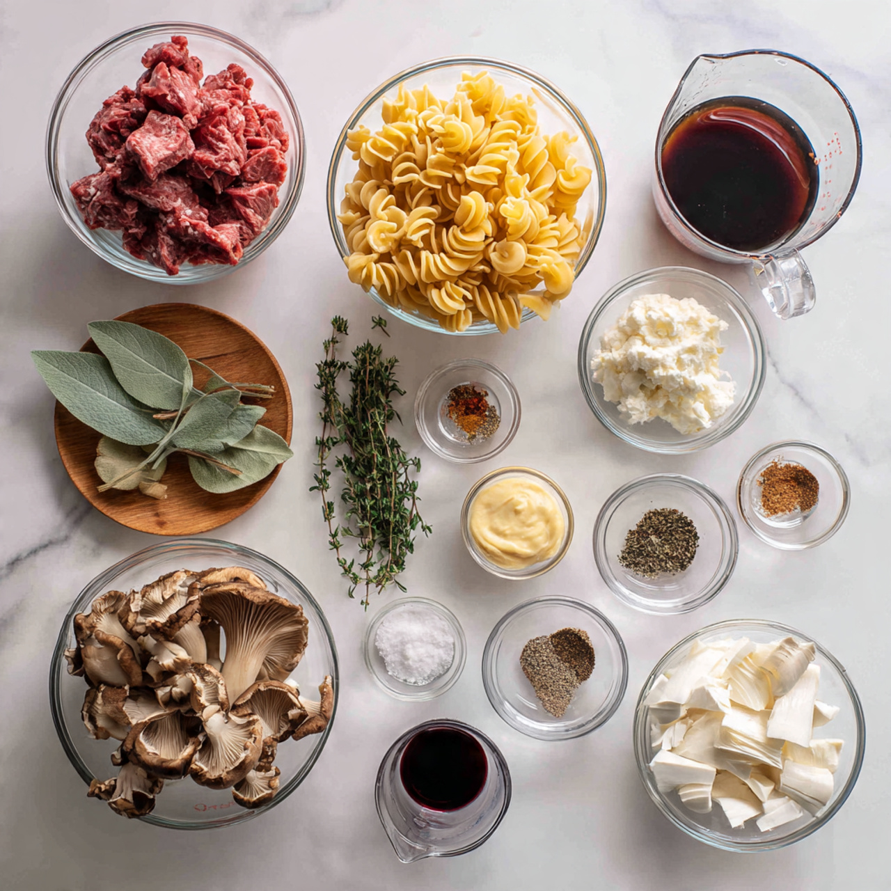 The image shows several clear glass bowls and small glass containers neatly arranged on a white marbled surface. The largest bowls contain raw, chunky red meat on the left, pale yellow curly pasta in the center, and cut brown mushrooms on the right. A medium clear measuring cup holds dark brown liquid in the top right corner. Small glass bowls house white sour cream, finely chopped green herbs, minced garlic, white starch powder, and a pale yellow paste which appears to be mustard. A few small bowls contain dark ground pepper, red spice powder, and coarse salt. A few fresh green thyme sprigs and two large green leaves rest on a small wooden plate near the top center. There are two small clear measuring cups with different clear liquids at the bottom center and left, and a small container with a rich dark red wine next to the meat. The whole setup looks organized and ready for cooking, photo taken with an iphone --ar 4:5 --v 7