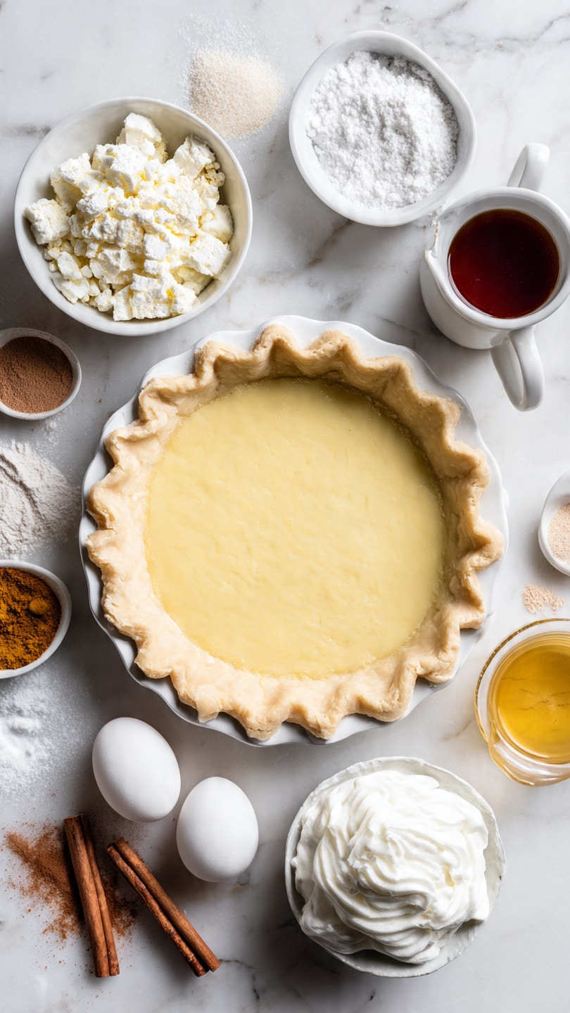 The image shows a white pie crust filled with a smooth pale yellow mixture, centered on a white marbled surface. Around the pie, there are small bowls and plates holding various ingredients: at the top left, a bowl with white crumbly pieces; next to it, a small dish with white granulated sugar and another with fine white powder. A bowl with white whipped cream and a small white cup filled with dark amber liquid sit to the right of the pie. Below those, a small white bowl holds golden liquid, near a couple of cinnamon sticks. On the bottom left, two white eggs rest next to a bowl of light brown powder and another bowl with darker brown powder sits nearby. The whole setup is neat and organized, lit softly to highlight the textures and colors of each ingredient photo taken with an iphone --ar 4:5 --v 7